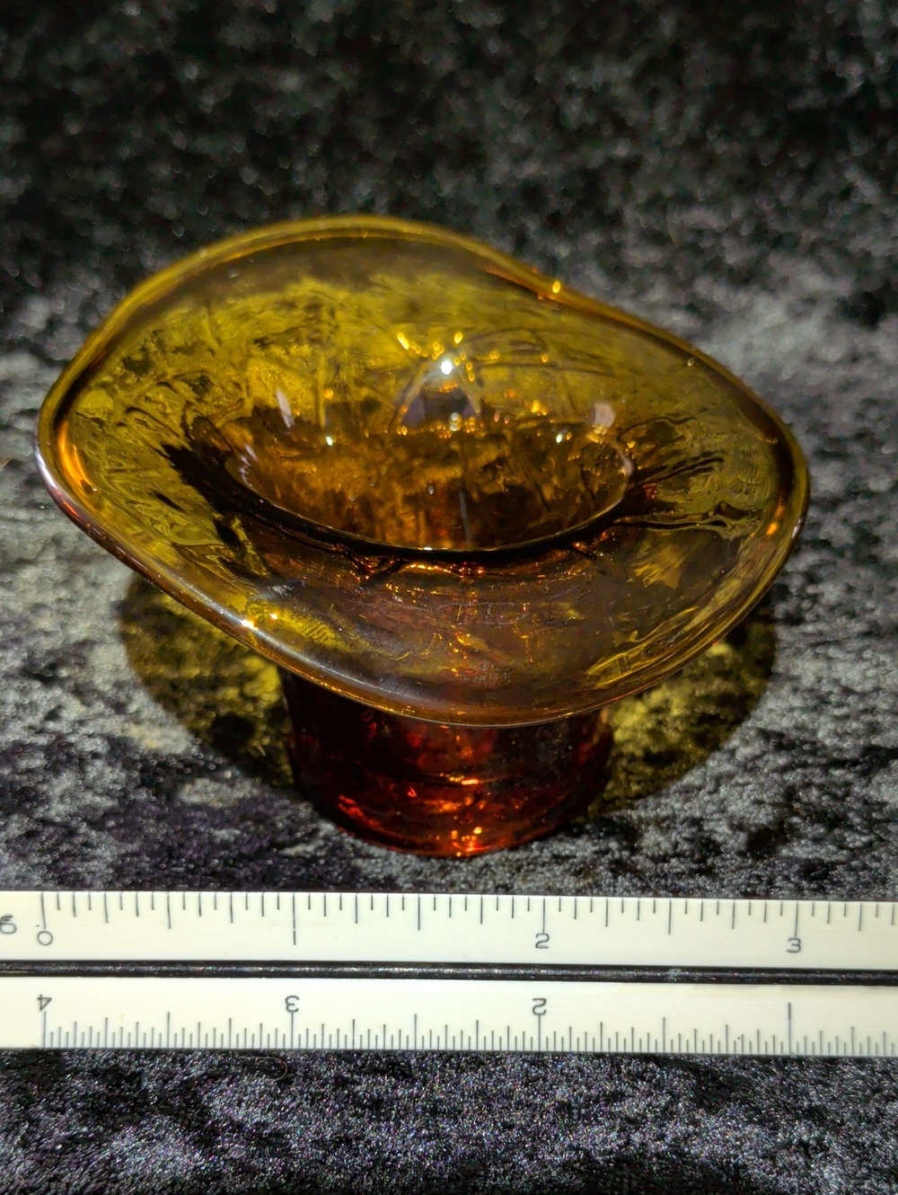 Vintage MCM Amber Crackle Glass Top Hat Vase Hand Blown Toothpick Holder 2.25"